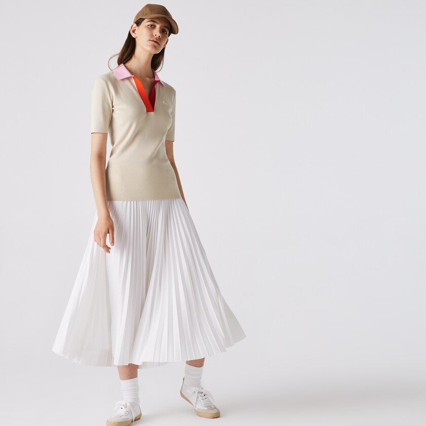 Suéteres Lacoste Polo Collar Two-Tone Cotton Mujer Beige Rosas Rojos | ZO5-38553Y5
