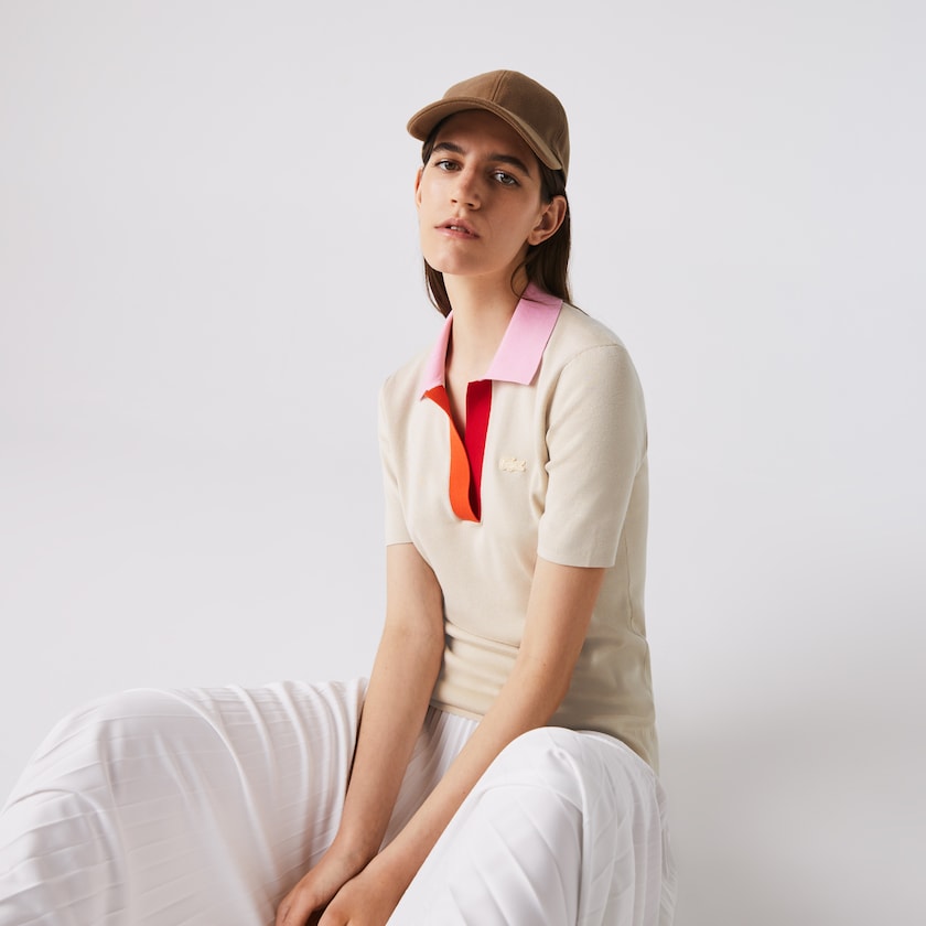 Suéteres Lacoste Polo Collar Two-Tone Cotton Mujer Beige Rosas Rojos | ZO5-38553Y5