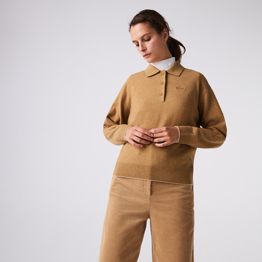 Suéteres Lacoste Polo Collar Wool Mujer Beige | AA0-14931J4