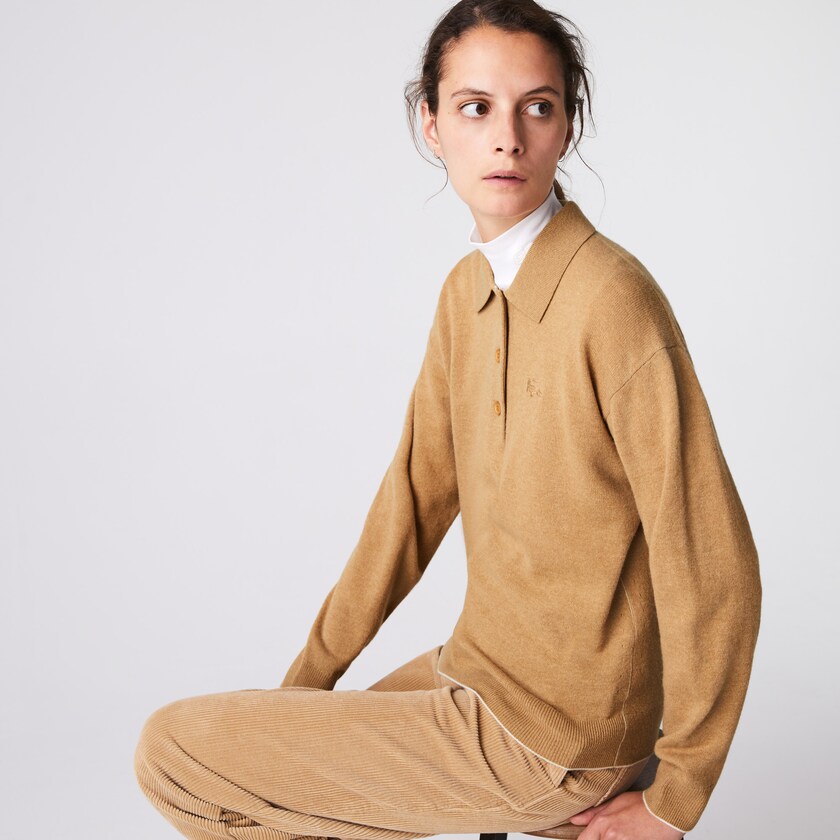Suéteres Lacoste Polo Collar Wool Mujer Beige | AA0-14931J4