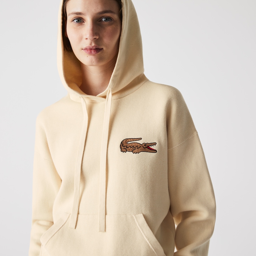 Suéteres Lacoste Relaxed Embroidered Croc Hooded Cotton Mujer Beige | EC1-85138K0
