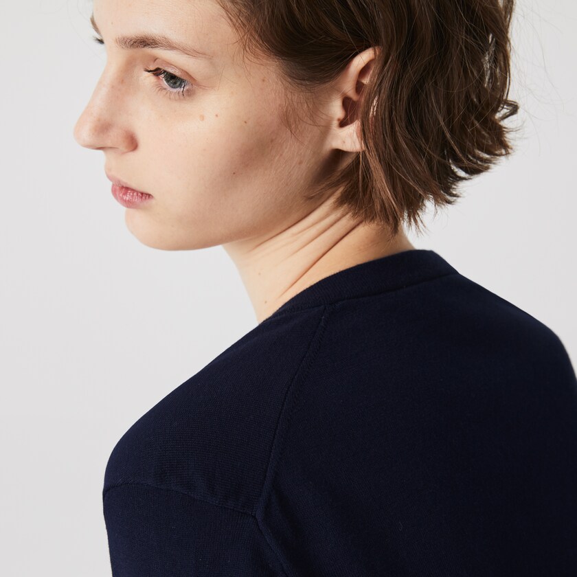 Suéteres Lacoste Relaxed V-Neck Organic Cotton Mujer Azul Marino Azules | UX3-73437M8