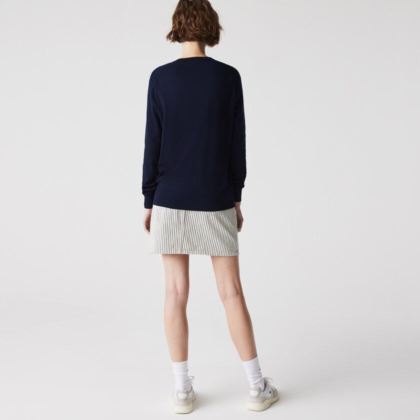 Suéteres Lacoste Relaxed V-Neck Organic Cotton Mujer Azul Marino Azules | UX3-73437M8