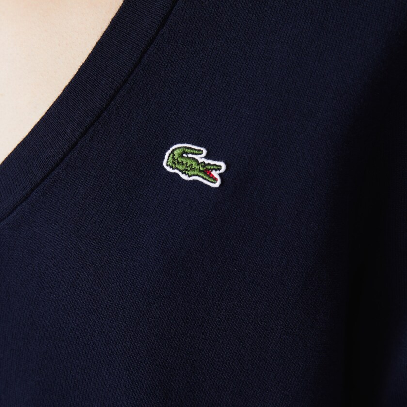 Suéteres Lacoste Relaxed V-Neck Organic Cotton Mujer Azul Marino Azules | UX3-73437M8
