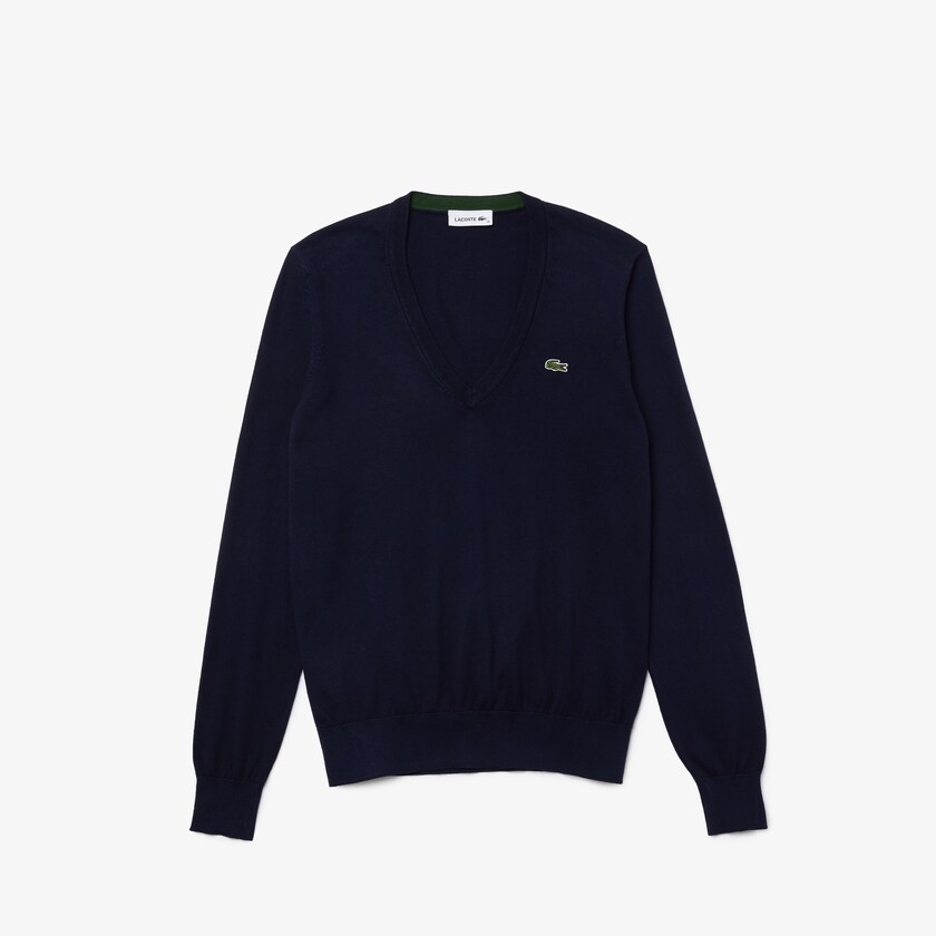 Suéteres Lacoste Relaxed V-Neck Organic Cotton Mujer Azul Marino Azules | UX3-73437M8