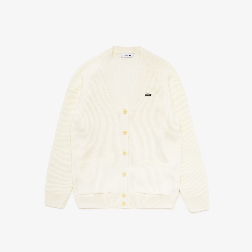Suéteres Lacoste Ribbed Wool Blend V-neck Cardigan Mujer Blancos | LQ4-03240D5