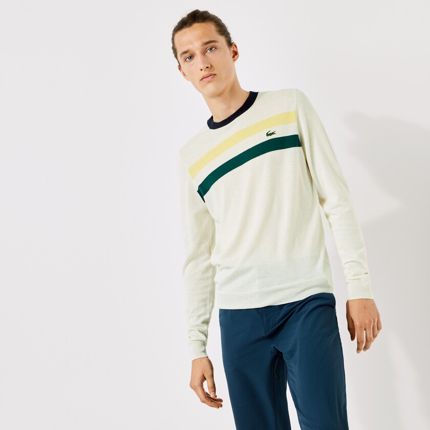 Suéteres Lacoste SPORT Breathable Striped Wool Golf Hombre Blancos Amarillos Verdes Azul Marino Azules | XG9-39963X3