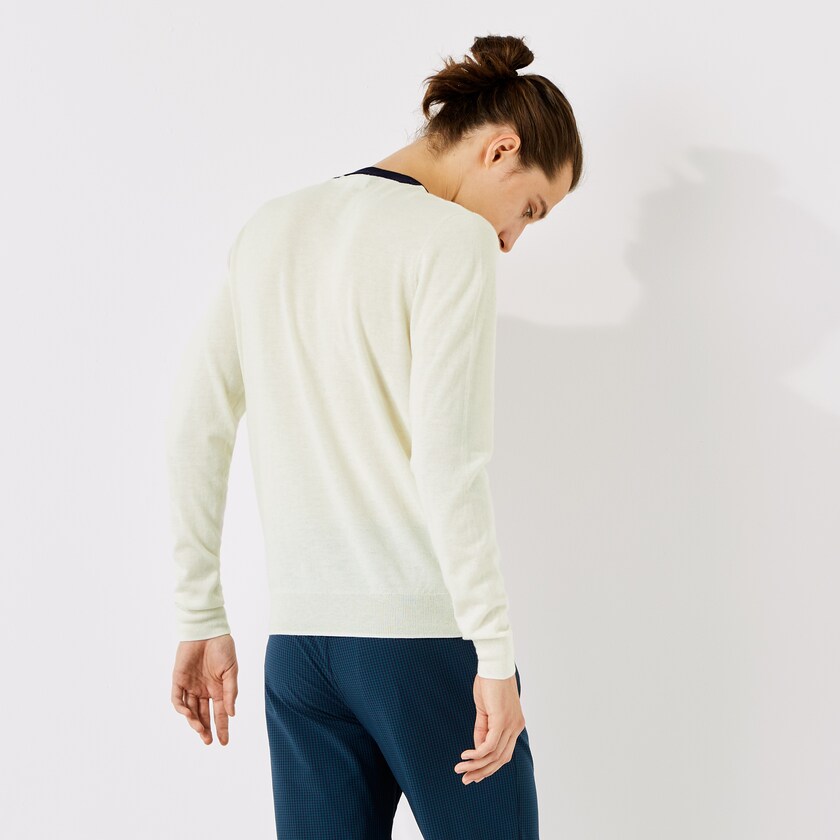 Suéteres Lacoste SPORT Breathable Striped Wool Golf Hombre Blancos Amarillos Verdes Azul Marino Azules | XG9-39963X3