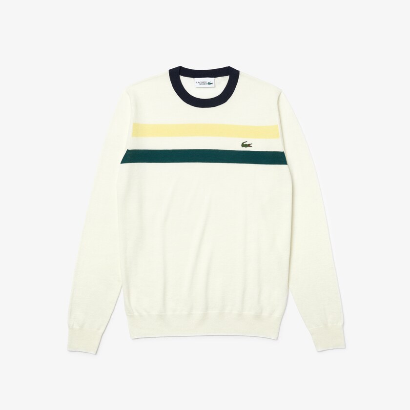 Suéteres Lacoste SPORT Breathable Striped Wool Golf Hombre Blancos Amarillos Verdes Azul Marino Azules | XG9-39963X3