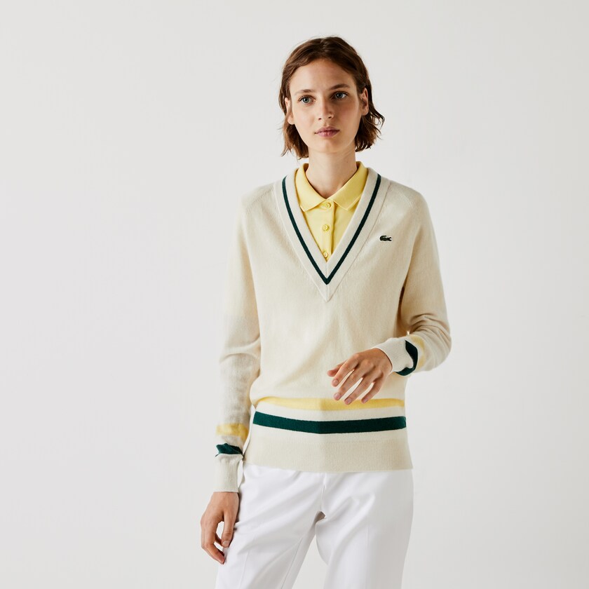 Suéteres Lacoste SPORT Recycled Cashmere V-neck Golf Mujer Blancos Amarillos Verdes | MJ6-09350U7
