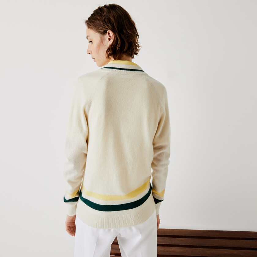 Suéteres Lacoste SPORT Recycled Cashmere V-neck Golf Mujer Blancos Amarillos Verdes | MJ6-09350U7