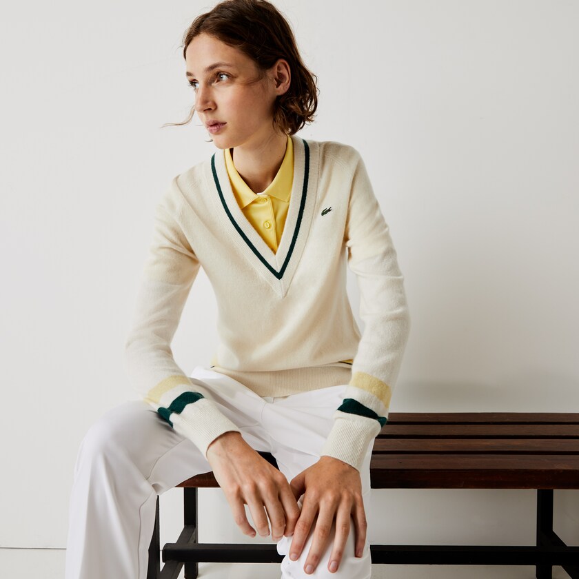 Suéteres Lacoste SPORT Recycled Cashmere V-neck Golf Mujer Blancos Amarillos Verdes | MJ6-09350U7
