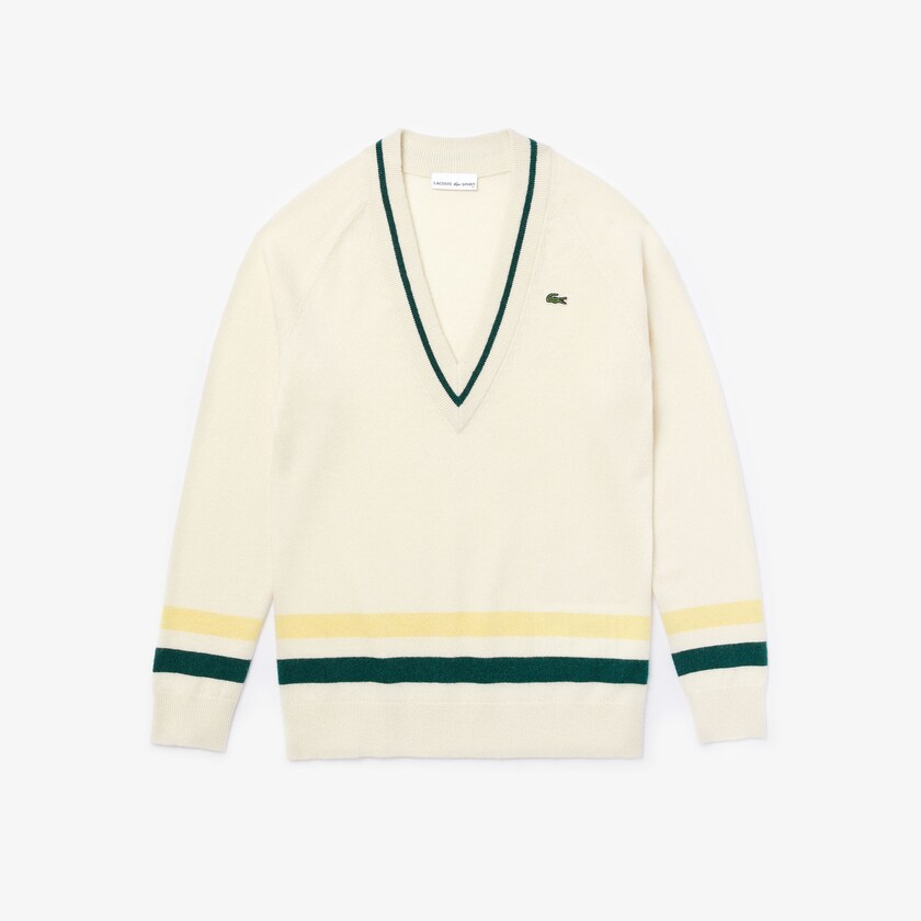 Suéteres Lacoste SPORT Recycled Cashmere V-neck Golf Mujer Blancos Amarillos Verdes | MJ6-09350U7