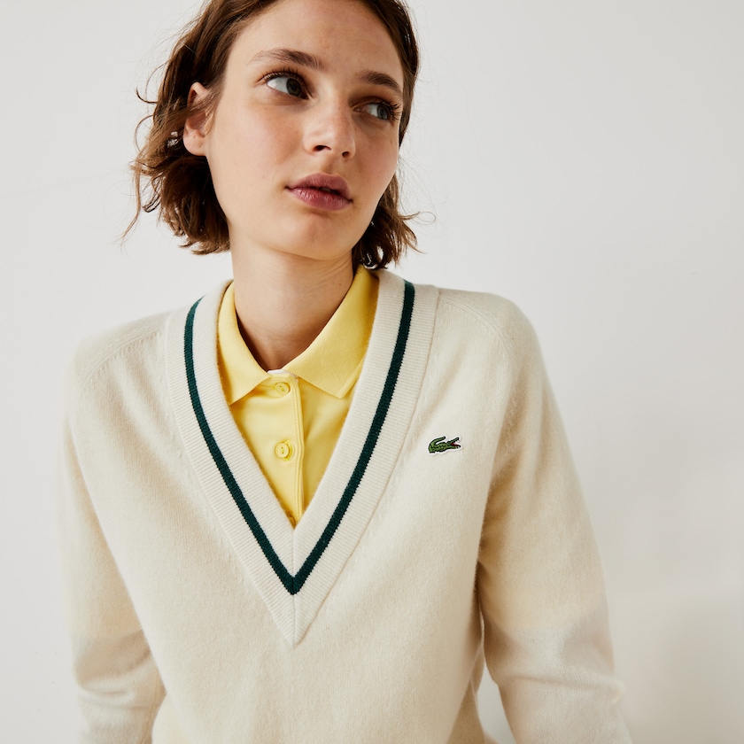 Suéteres Lacoste SPORT Recycled Cashmere V-neck Golf Mujer Blancos Amarillos Verdes | MJ6-09350U7