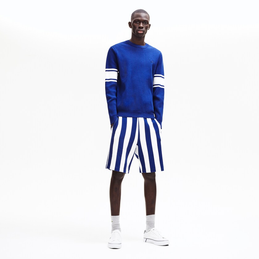 Suéteres Lacoste Striped Sleeves Cotton And Linen Blend Crew Neck Hombre Azul Marino Azules Blancos | EI5-60906S9