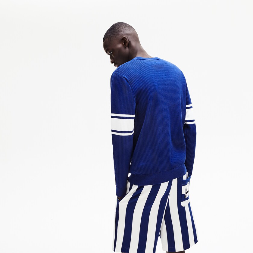 Suéteres Lacoste Striped Sleeves Cotton And Linen Blend Crew Neck Hombre Azul Marino Azules Blancos | EI5-60906S9