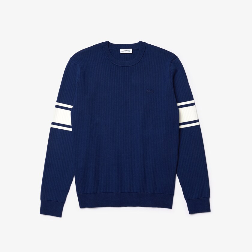 Suéteres Lacoste Striped Sleeves Cotton And Linen Blend Crew Neck Hombre Azul Marino Azules Blancos | EI5-60906S9