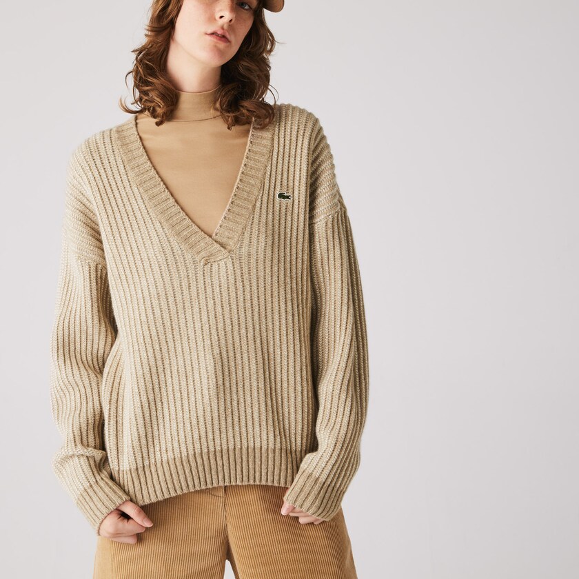 Suéteres Lacoste Two-Tone Low V-Neck Ribbed Wool Mujer Beige | UK6-83258W2