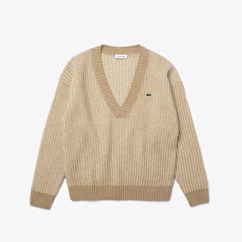 Suéteres Lacoste Two-Tone Low V-Neck Ribbed Wool Mujer Beige | UK6-83258W2