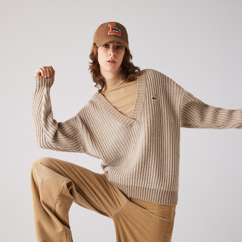 Suéteres Lacoste Two-Tone Low V-Neck Ribbed Wool Mujer Beige | UK6-83258W2