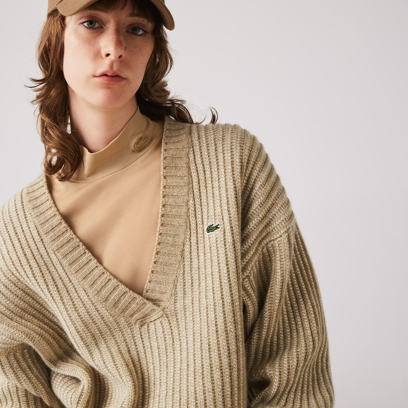 Suéteres Lacoste Two-Tone Low V-Neck Ribbed Wool Mujer Beige | UK6-83258W2
