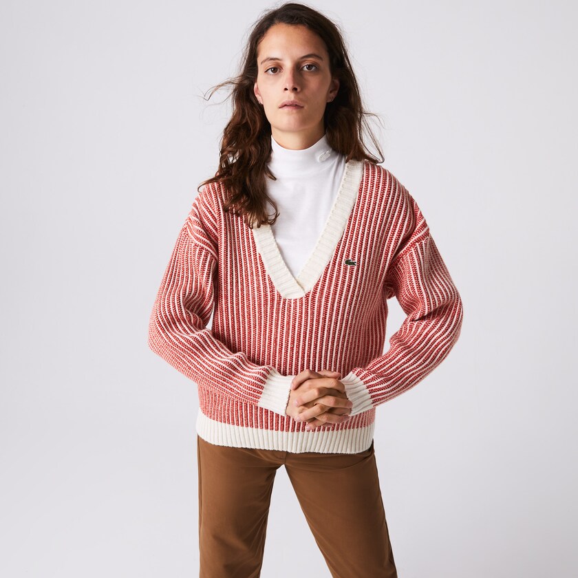 Suéteres Lacoste Two-Tone Low V-Neck Ribbed Wool Mujer Rojos Beige | BV5-14581Y2