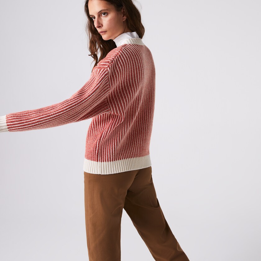 Suéteres Lacoste Two-Tone Low V-Neck Ribbed Wool Mujer Rojos Beige | BV5-14581Y2