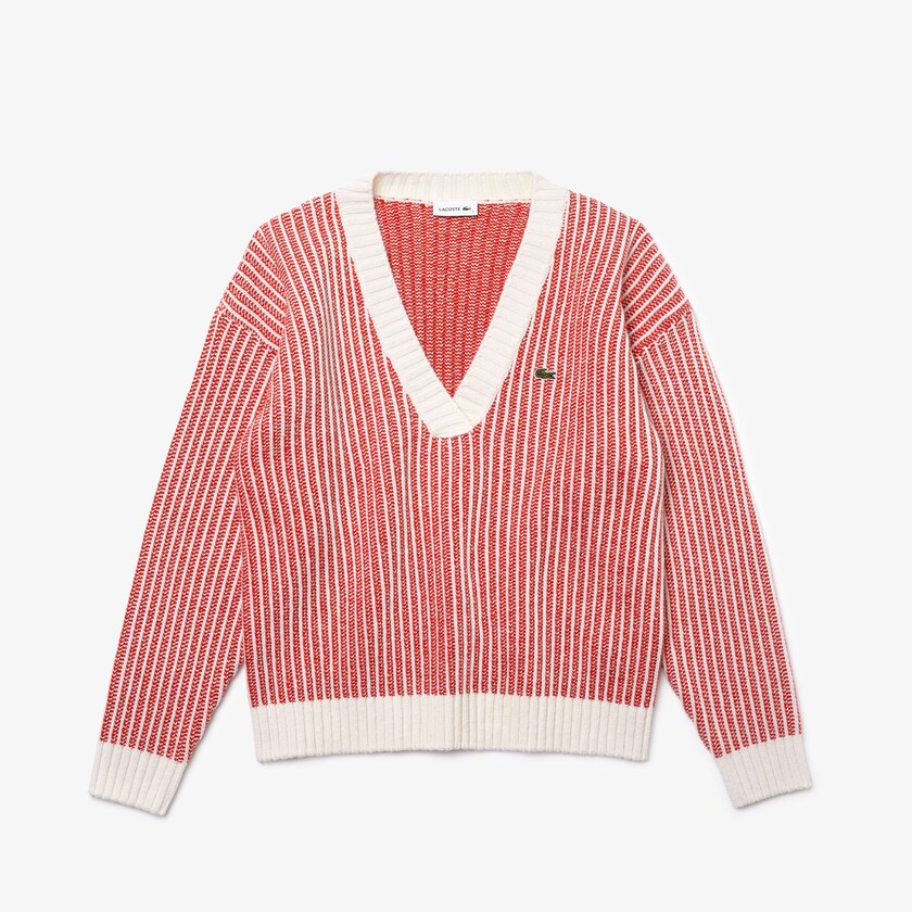 Suéteres Lacoste Two-Tone Low V-Neck Ribbed Wool Mujer Rojos Beige | BV5-14581Y2