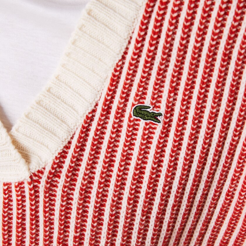 Suéteres Lacoste Two-Tone Low V-Neck Ribbed Wool Mujer Rojos Beige | BV5-14581Y2
