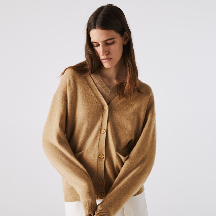 Suéteres Lacoste V-Neck Buttoned Wool Cardigan Mujer Beige | VY9-28232D7