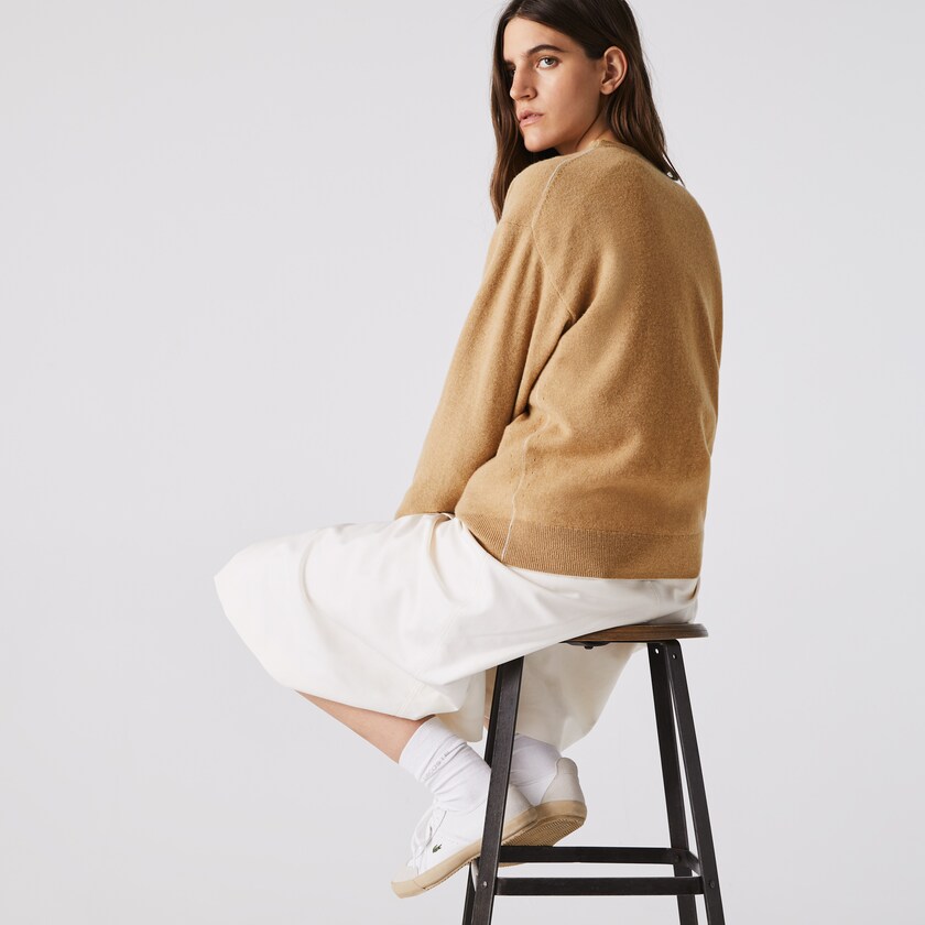 Suéteres Lacoste V-Neck Buttoned Wool Cardigan Mujer Beige | VY9-28232D7