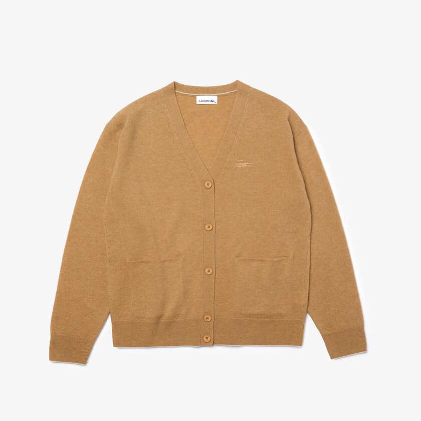 Suéteres Lacoste V-Neck Buttoned Wool Cardigan Mujer Beige | VY9-28232D7