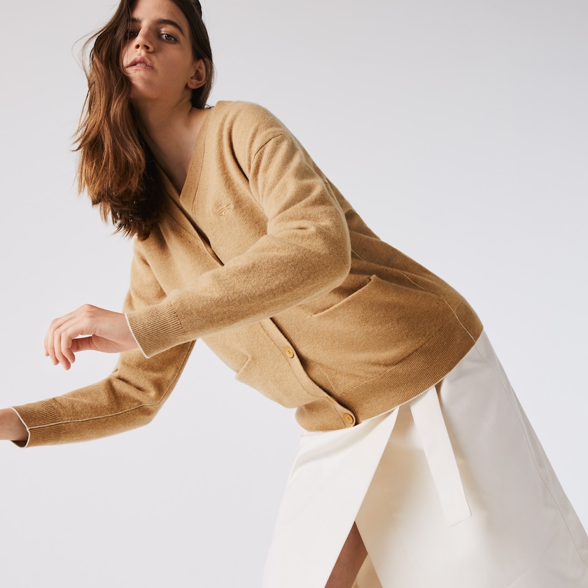 Suéteres Lacoste V-Neck Buttoned Wool Cardigan Mujer Beige | VY9-28232D7