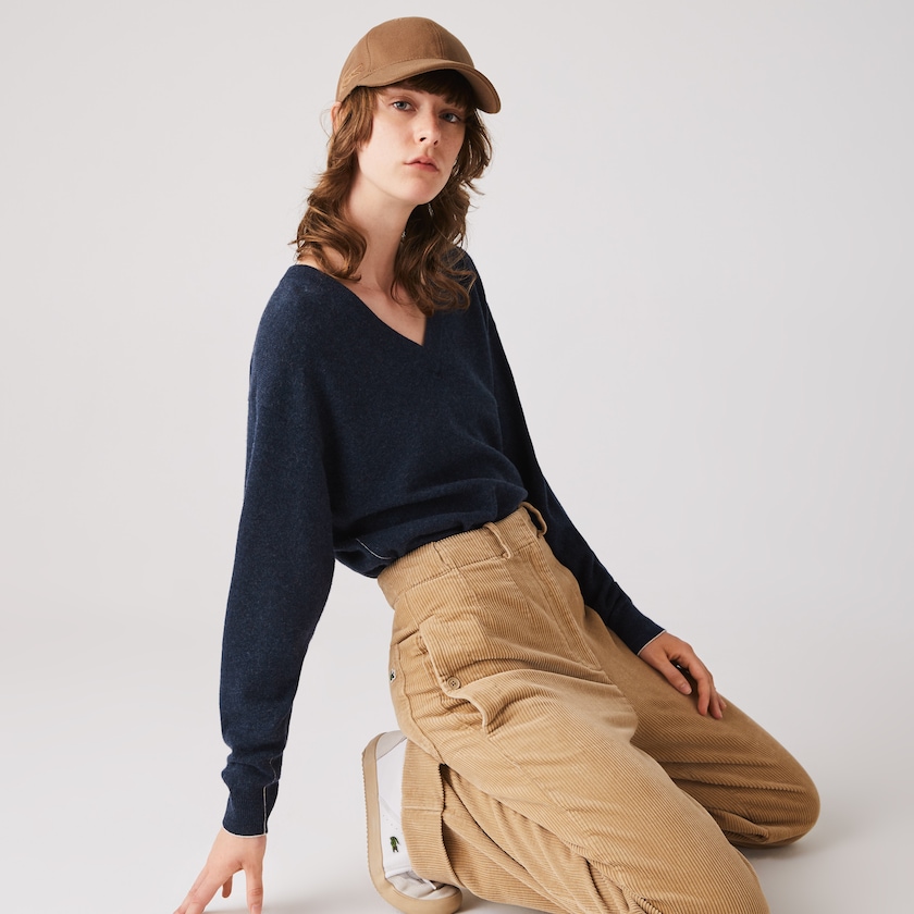Suéteres Lacoste V-Neck Wool Mujer Azules | KG4-94329V6