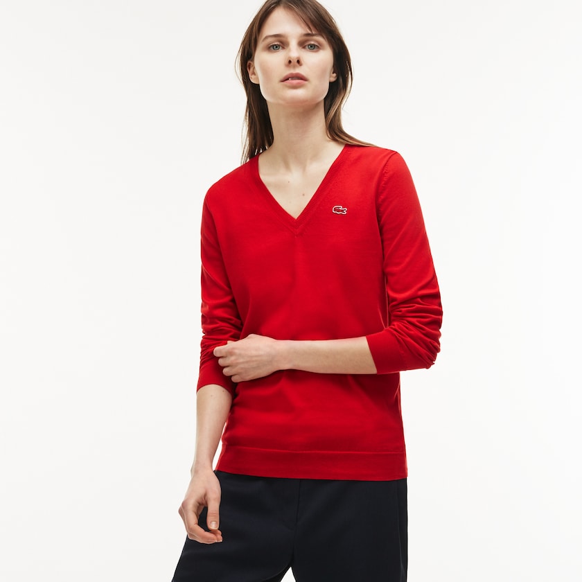 Suéteres Lacoste V-neck Jersey Mujer Rojos | JK5-79537L7