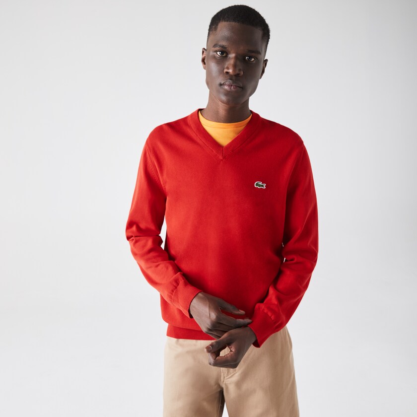 Suéteres Lacoste V-neck Organic Cotton Hombre Rojos | HL4-58915E3