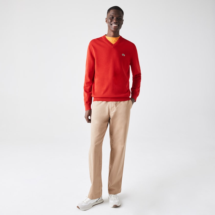 Suéteres Lacoste V-neck Organic Cotton Hombre Rojos | HL4-58915E3