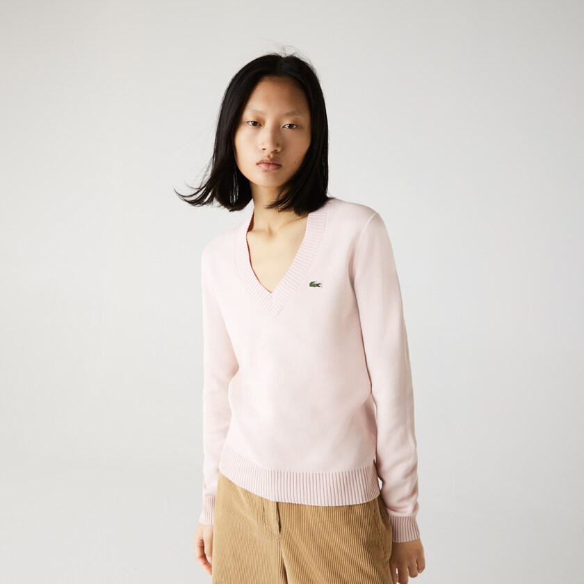 Suéteres Lacoste V-neck Organic Cotton Mujer Rosas Claro Blancos | SB8-61316D6
