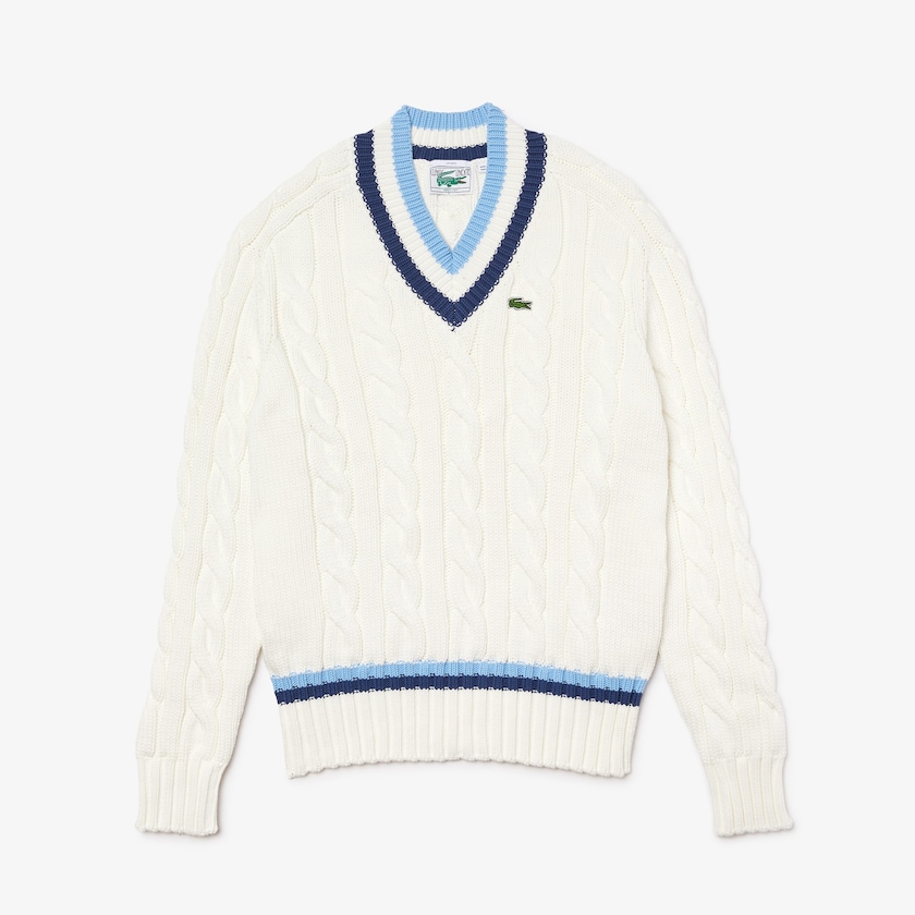 Suéteres Lacoste V-neck Striped-Trim Cable-Knit Hombre Blancos Azules | GT3-78127H0