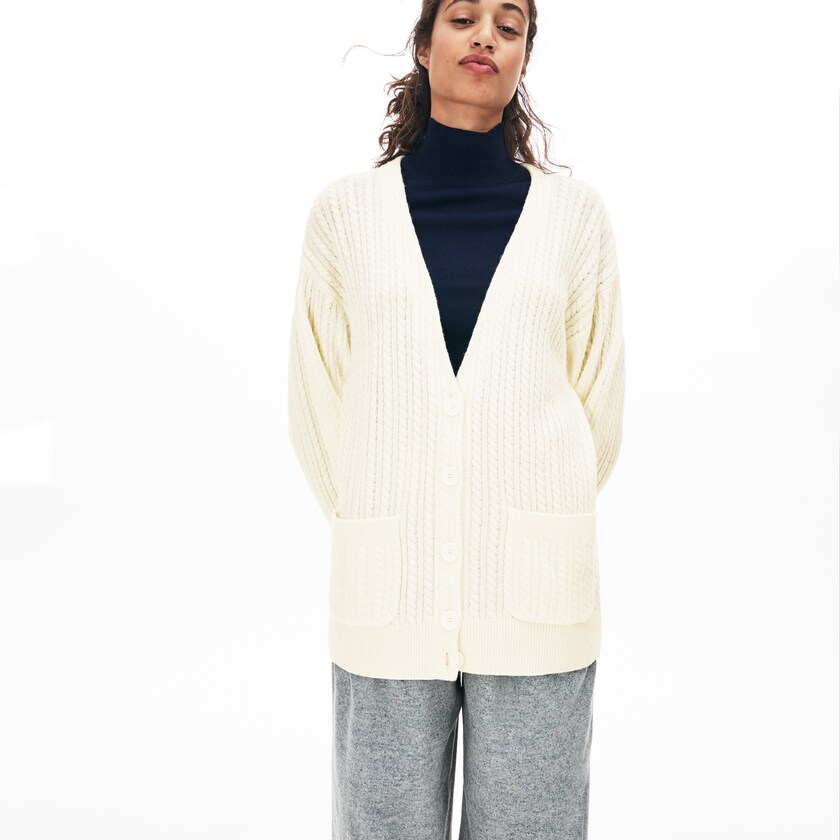 Suéteres Lacoste Wool And Cashmere Blend Cable Knit Cardigan Mujer Blancos | GN6-20412O3