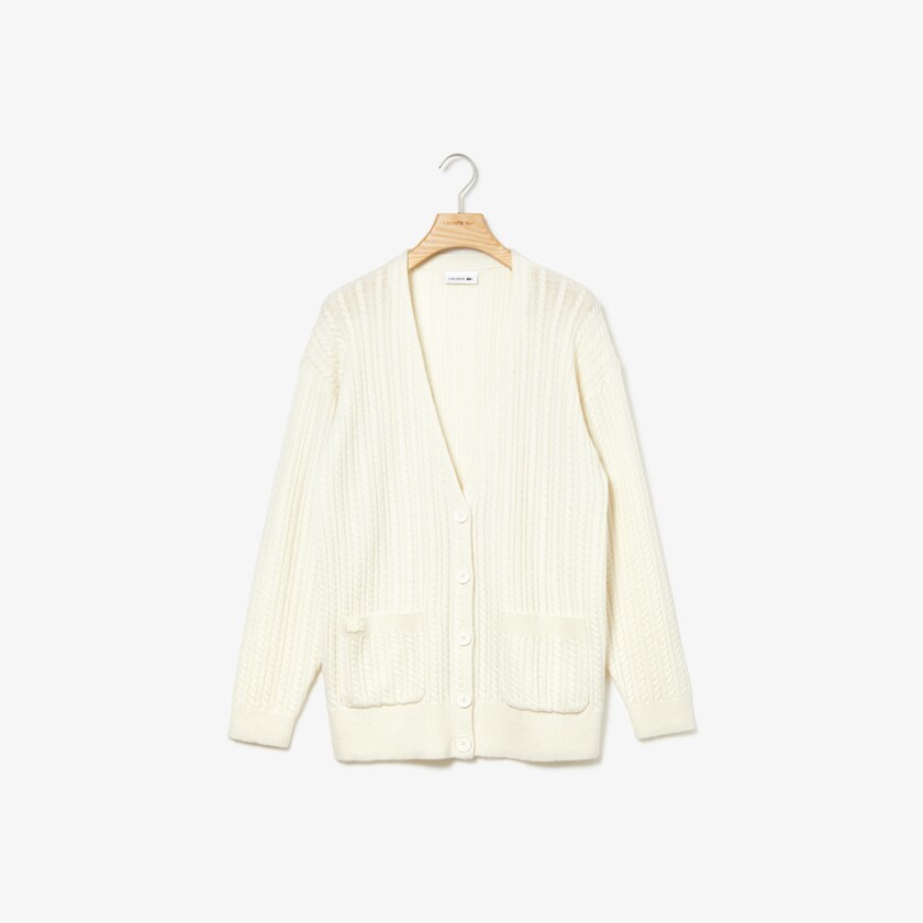 Suéteres Lacoste Wool And Cashmere Blend Cable Knit Cardigan Mujer Blancos | GN6-20412O3