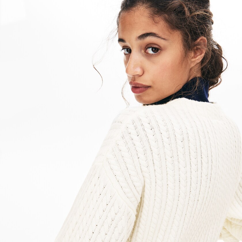 Suéteres Lacoste Wool And Cashmere Blend Cable Knit Cardigan Mujer Blancos | GN6-20412O3
