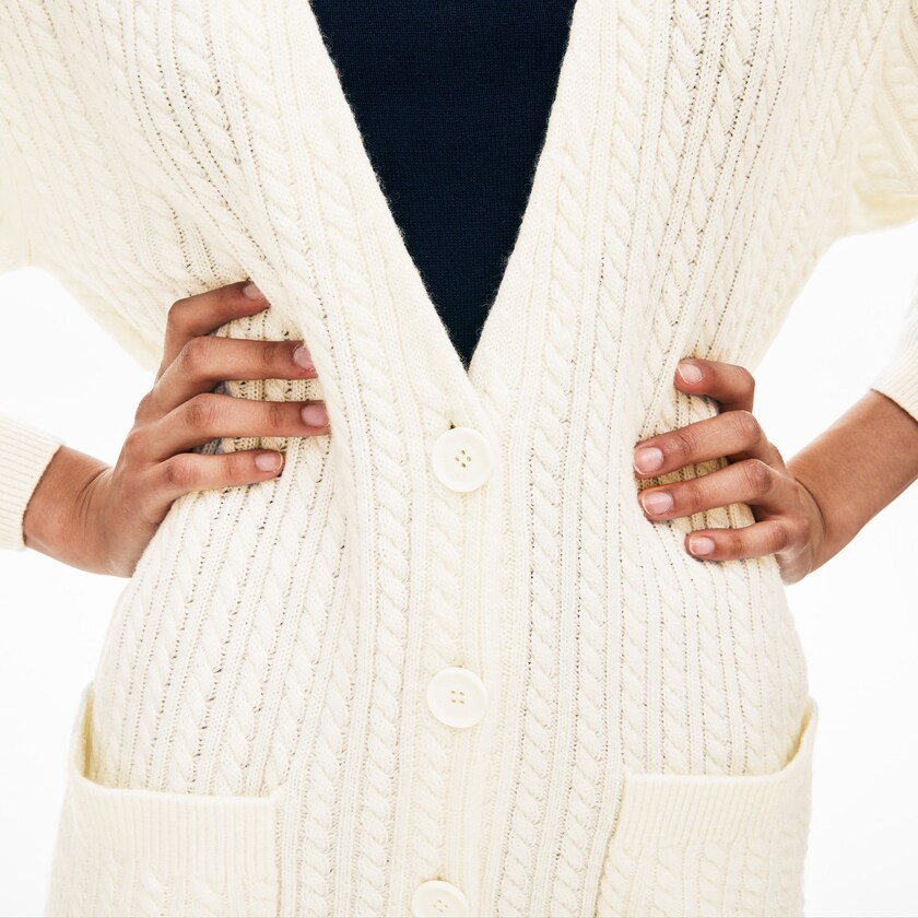 Suéteres Lacoste Wool And Cashmere Blend Cable Knit Cardigan Mujer Blancos | GN6-20412O3