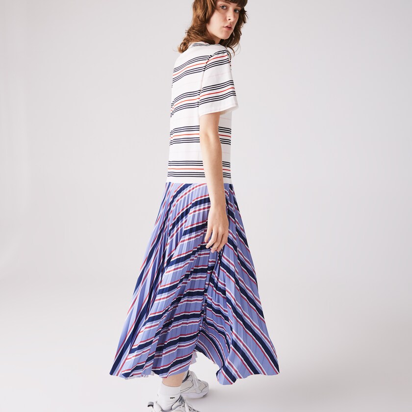 Vestido Lacoste Dissimilar Striped Pleated Jersey T-shirt Mujer Morados Azul Marino Azules Blancos Rojos Rosas Claro | NJ1-65706E7