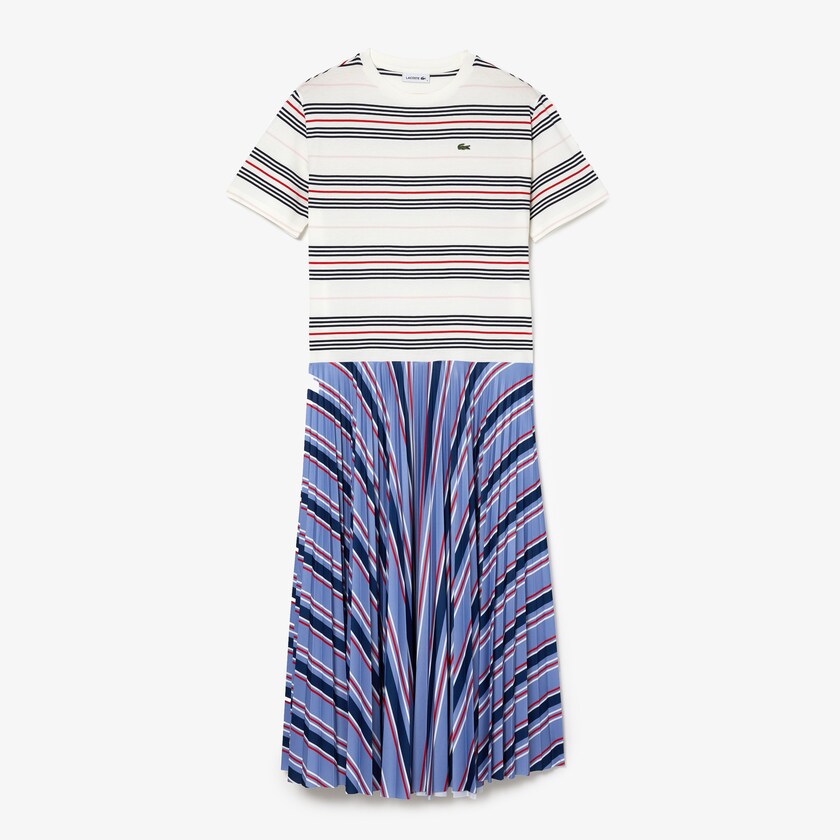 Vestido Lacoste Dissimilar Striped Pleated Jersey T-shirt Mujer Morados Azul Marino Azules Blancos Rojos Rosas Claro | NJ1-65706E7