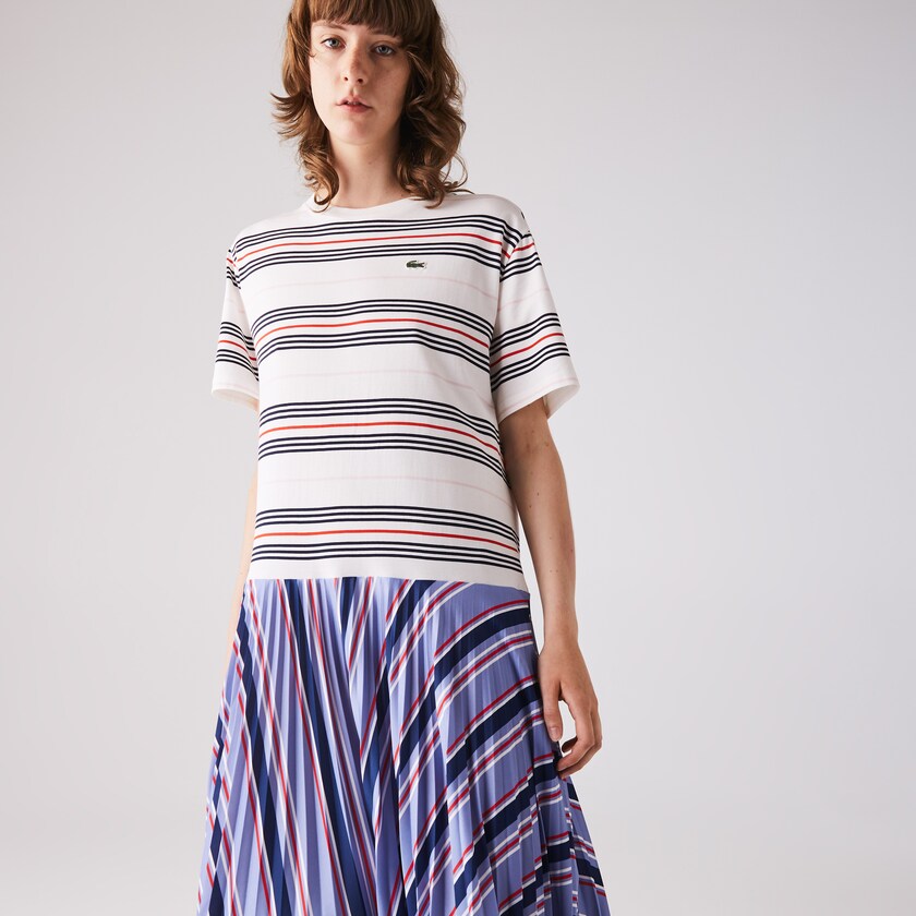 Vestido Lacoste Dissimilar Striped Pleated Jersey T-shirt Mujer Morados Azul Marino Azules Blancos Rojos Rosas Claro | NJ1-65706E7