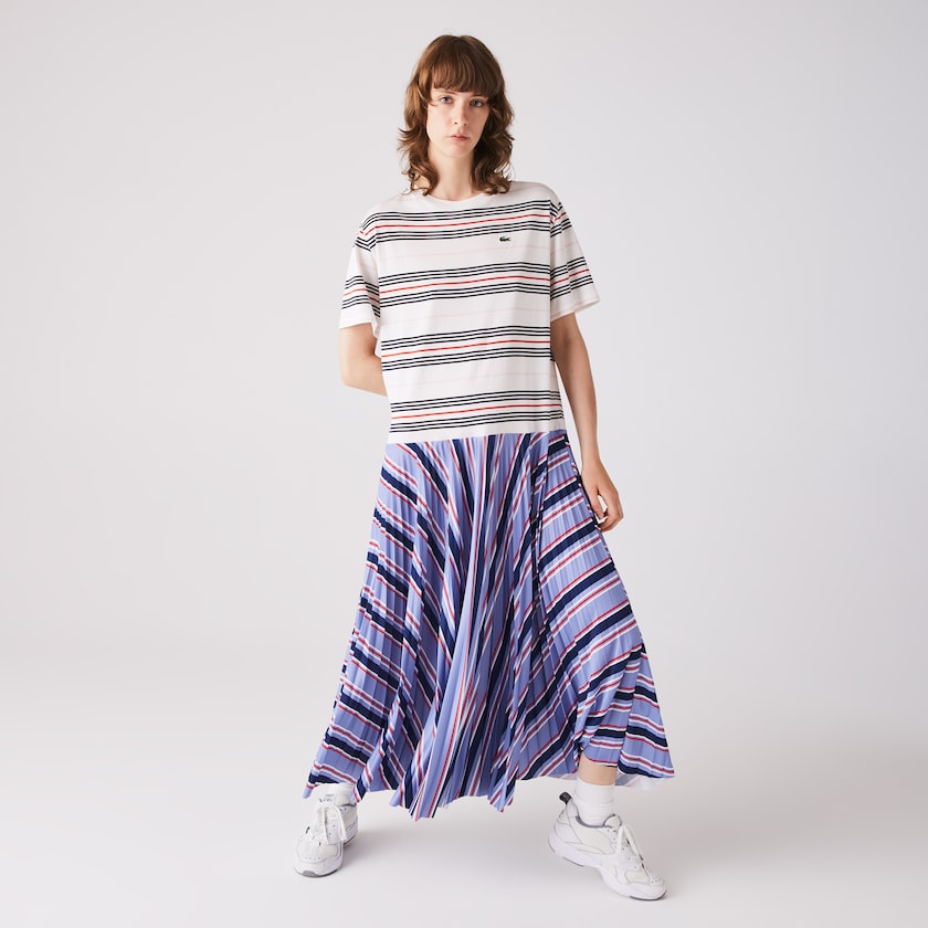 Vestido Lacoste Dissimilar Striped Pleated Jersey T-shirt Mujer Morados Azul Marino Azules Blancos Rojos Rosas Claro | NJ1-65706E7
