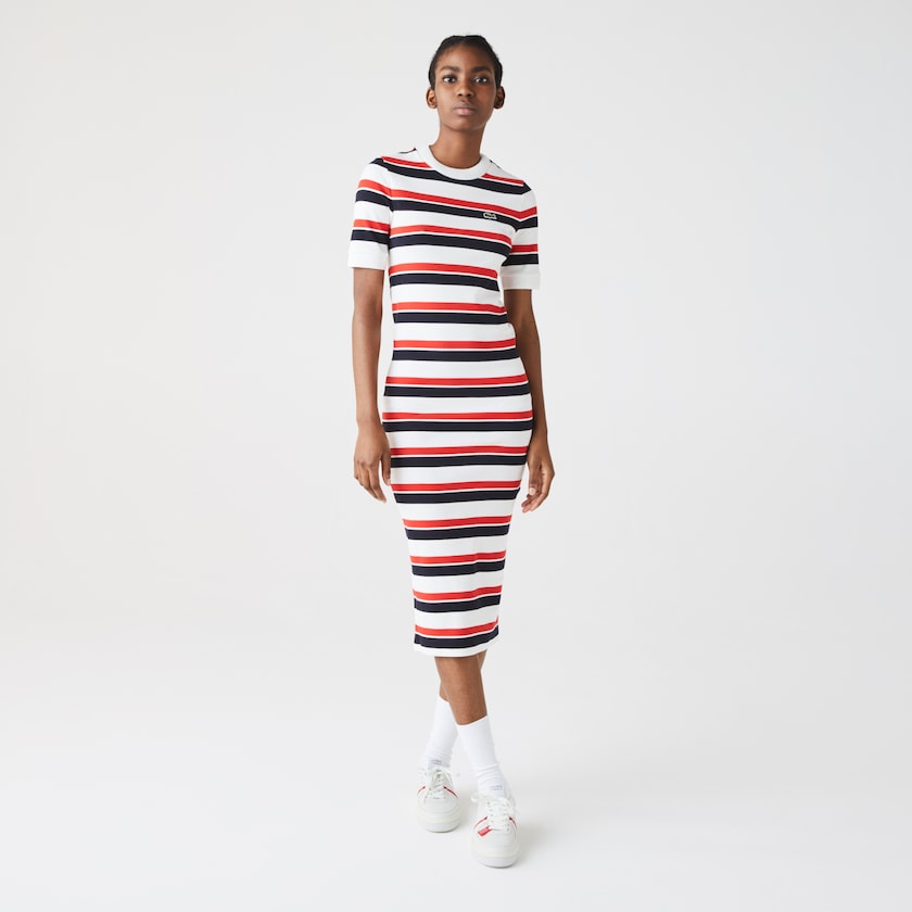 Vestido Lacoste LIVE Striped Cotton Ribbed T-Shirt Mujer Blancos Azul Marino Azules Rojos | KY9-69966Y5