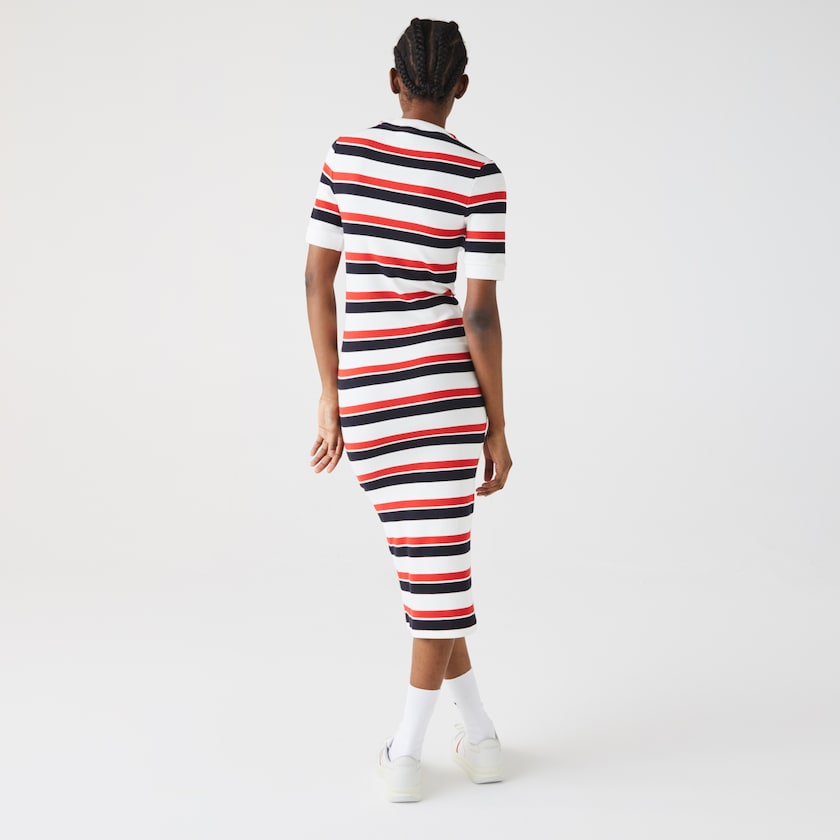 Vestido Lacoste LIVE Striped Cotton Ribbed T-Shirt Mujer Blancos Azul Marino Azules Rojos | KY9-69966Y5