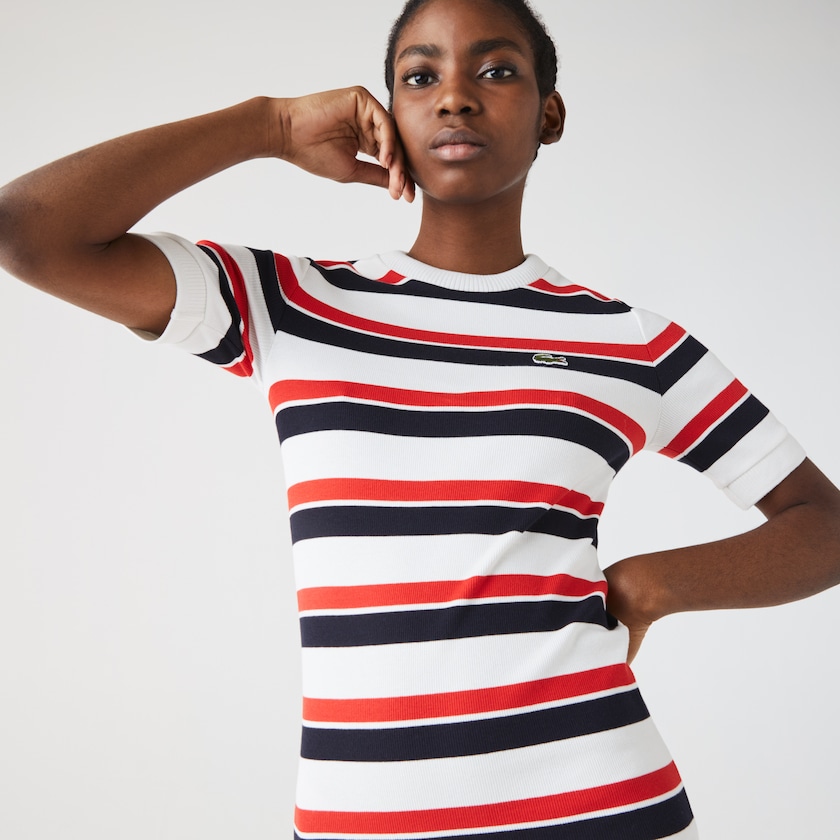 Vestido Lacoste LIVE Striped Cotton Ribbed T-Shirt Mujer Blancos Azul Marino Azules Rojos | KY9-69966Y5